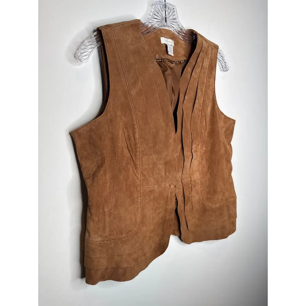 Chico’s Suede Leather Vest Brown Scalloped Hem western cowgirl Size 1 Medium